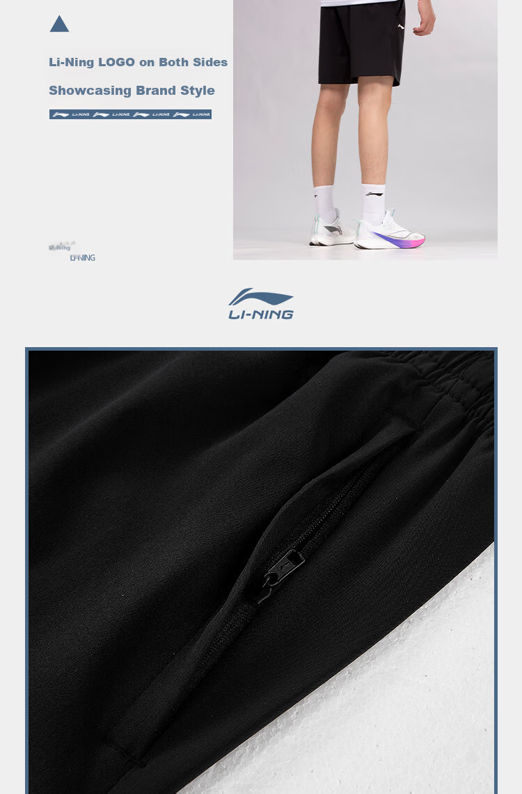 LI-NING Quick-Dry Breathable Cooling Summer Straight-Leg Casual Comfortable Classic Versatile Stretch Sports Men's Five-Point Shorts 9