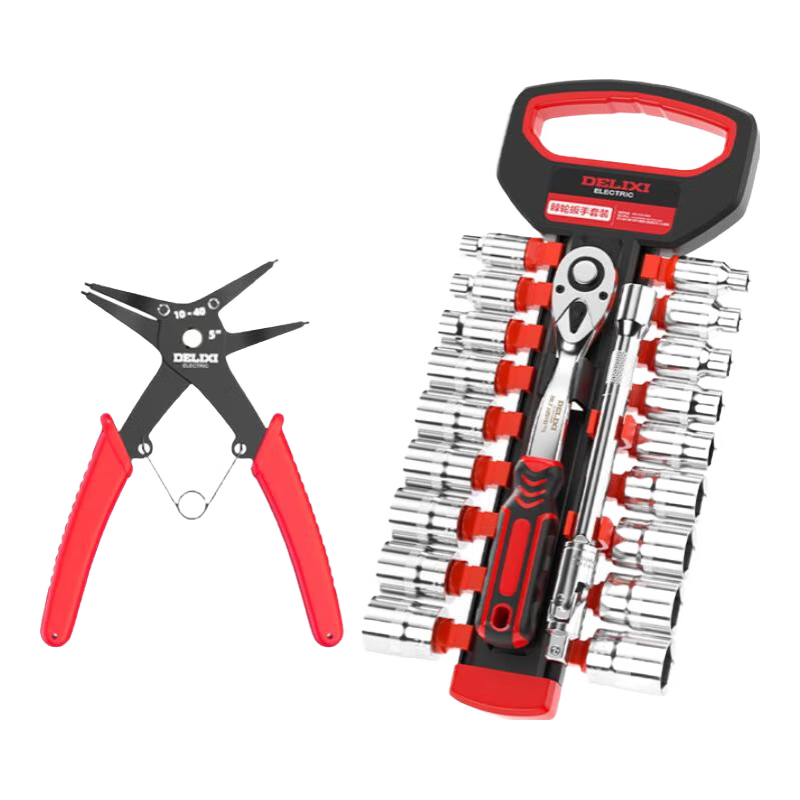 DELIXI ELECTRIC Ratchet Socket Wrench Quick Wrench Bi-Directional Automatic Labor-Saving 72-Tooth Bent Handle Auto Repair 3/8 Inch 24-Piece Set