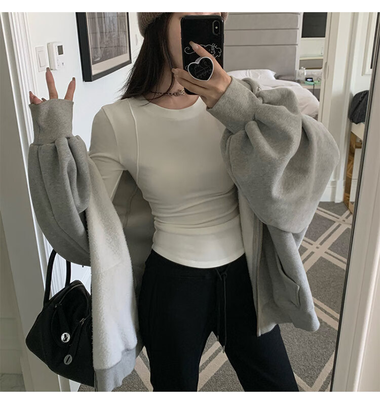 Woodpecker Women's Long Sleeve T-Shirt Autumn 2025 New Round Neck Shoulder Fit Ribbed Base Shirt White S 4