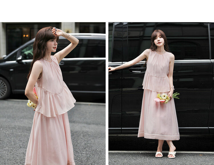 Mt [Shuxiang Laisai] Summer European Style Two-Piece Elegant Sweet Sleeveless Dress for Petite Women, Long Length 9
