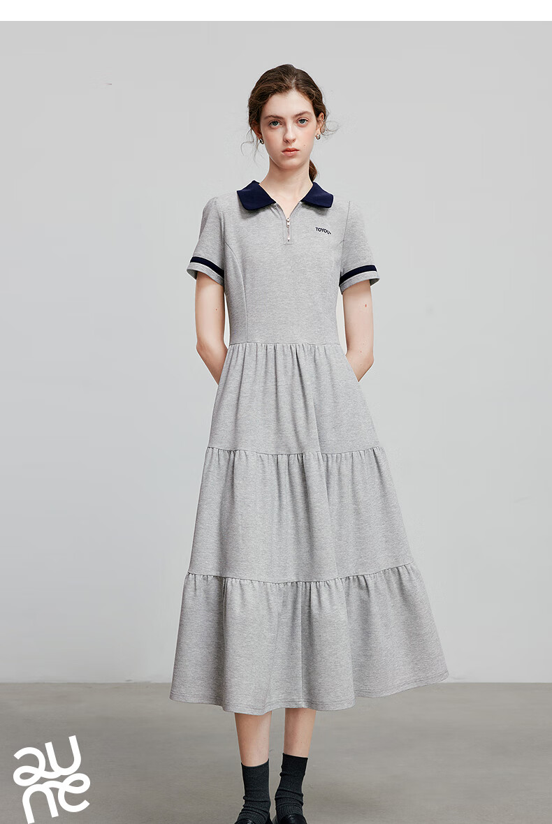 Chuyu Age-Reducing Retro 2025 Summer New Color-Block Polo Collar Dress for Women with Spliced T-Shirt Skirt, Floral Gray, S 10