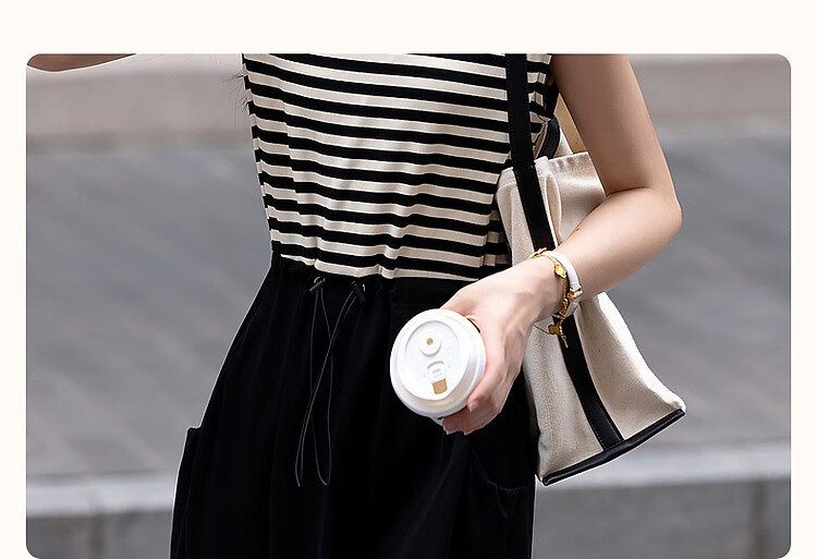 Dme [Striped Variations] Summer Design-Inspired Patchwork Waist-Adjustable Comfortable Slimming Midi Dress for Wome 3