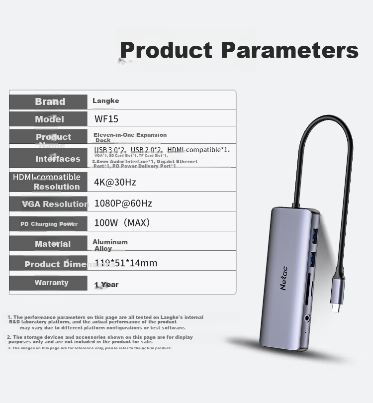 Netac Type-C Eleven-In Expansion Dock Splitter USB-C to HDMI/VGA/Network Port TF/SD Card Reader with 3.5mm Audio, Compatible with M1/M2 Chip MAC WF15 17