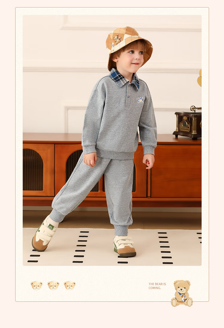 Classic Teddy Boys' Set Children's Sweatshirt and Sweatpants 2-Piece Mid-Child Spring Polo Collar Plaid Outfit Light Gray 130 10