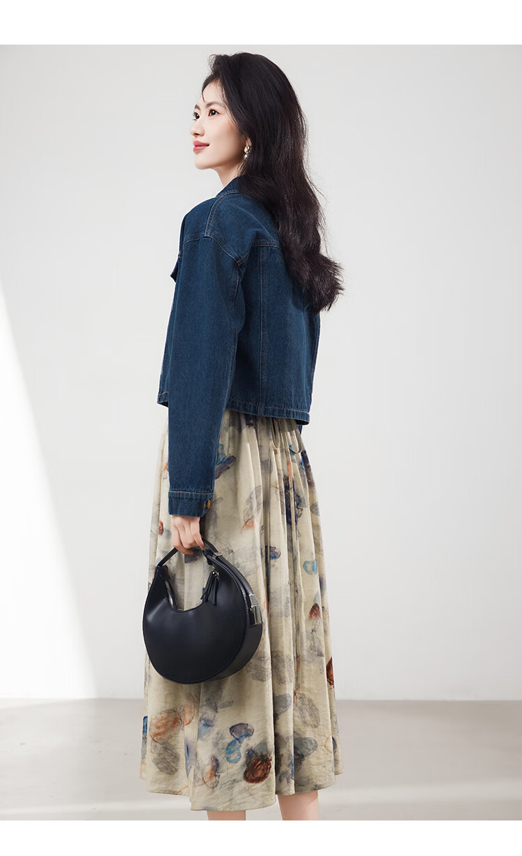 Xinfeiyu Vintage Denim Embroidered Short Jacket for Women, Spring 2026 New Stylish Versatile Printed Dress Two-Piece Set Hong Kong Style Outfit 7