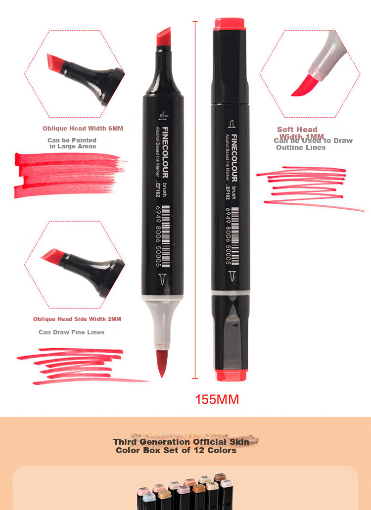 FINECOLOUR Third Generation Marker Set, Soft Tip Alcohol-Based Dual-Tip Student Markers, Customizable Watercolor Pens for Hand-Drawn Design And Skin Tone, 24 Colors in Transparent Pen Case, Art Sketching 3