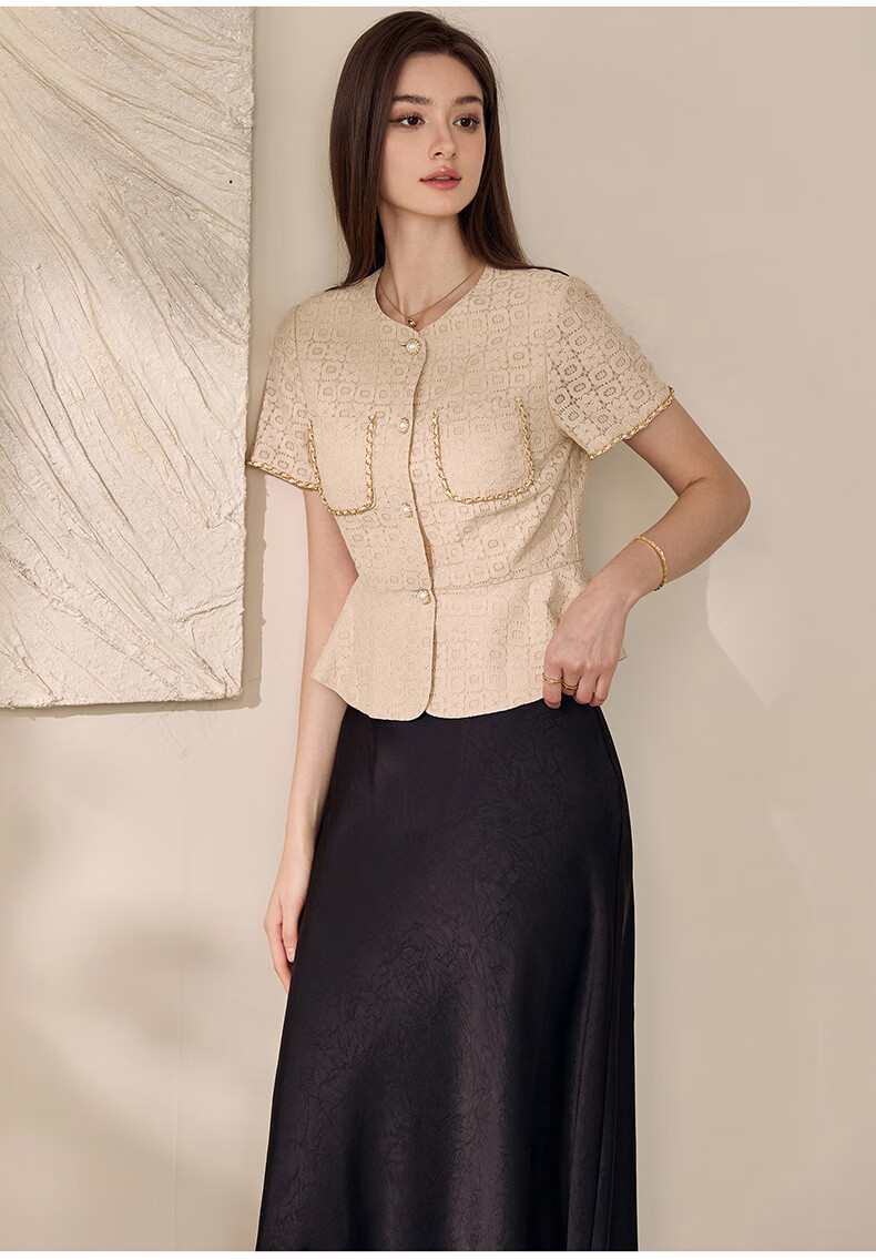 ROEYSHOUSE Lace Waist-Cinching Short Jacket for Women Summer Elegant Slim Ruffle Hem Top 11908 Apricot M 11