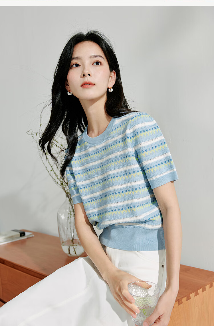INMAN [Showroom Style] Suoluna Cool-Feeling Striped Short-Sleeve Women's Top, Summer 2026 Knitted Sweater, Yellow, Size L 13