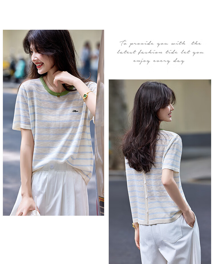 Awakening Paradise 26 Summer Korean Slim Fit Slimming Round Neck T-Shirt Top Short Sleeve Knitwear Blue Striped One Size 8