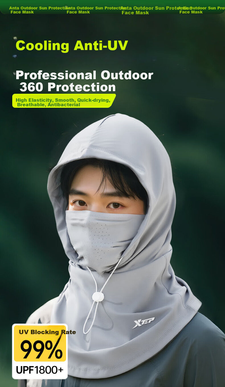 XTEP Sun Protection Face Shield, UV-Resistant, Cycling, Motorcycle Helmet Baffle, Windproof Full-Face Ice Silk Breathable Mask, Men's Summer Gray 1