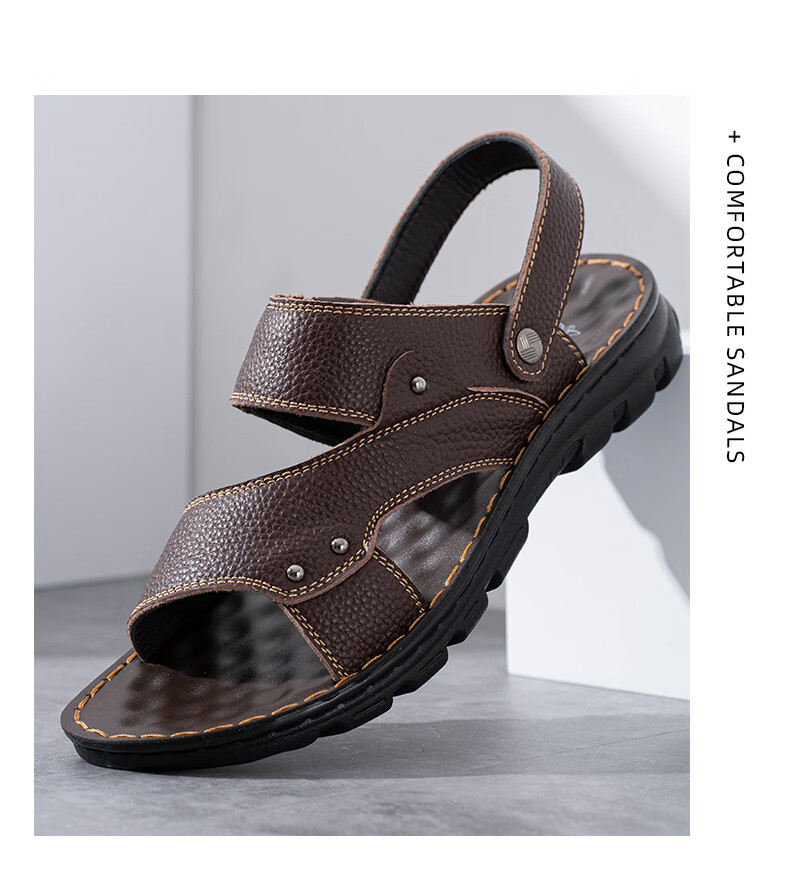 MEXICAN Top-Grain Leather Sandals for Men, Beach Shoes, Men's Slippers, Hollow-Out Casual Men's Shoes, Black, Size 44 9