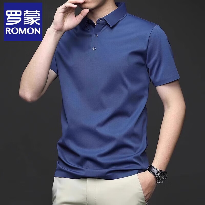 Romon Ice Silk Seamless Short Sleeve T-Shirt Men Summer Thin Business Polo Shirt Black XL
