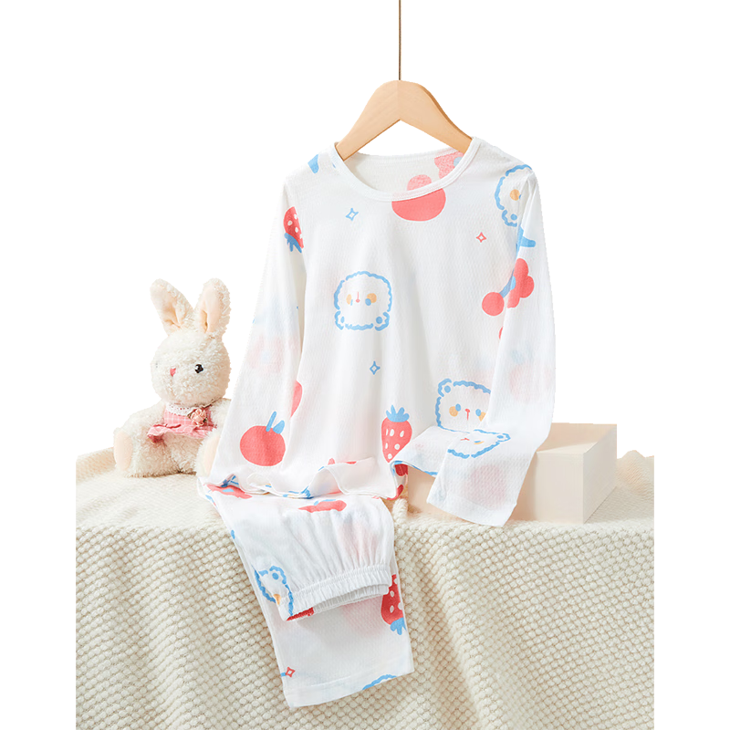 DEESHA [7A Antibacterial Cotton Mesh Jacquard] Girls' Lightweight Breathable Long-Sleeve Pajama Set, Pure Cotton Skin-Friendly Air Conditioning Wear