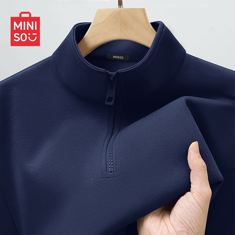 MINISO Men's Half-Zip Heavyweight Stiff Autumn New Trendy Brand Stand Collar Loose Jacket Navy Blue 3XL