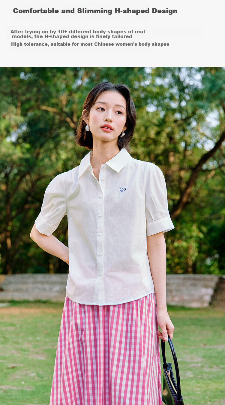 INMAN Commuter Pleated Puff Sleeve Pure Cotton Shirt, Summer Women's Clothing, Turn-Down Collar Embroidered Blouse Top, Light Pink, L 6