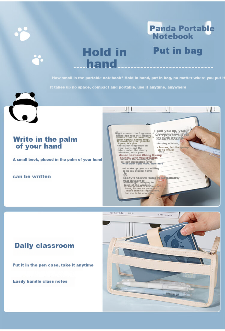Ujia Panda Mini Notebook A6 Portable Diary Creative Thickened Cute Cartoon Stationery Pocket Book Customizable for Businesses, Horizontal Lines Gray-Blue 5