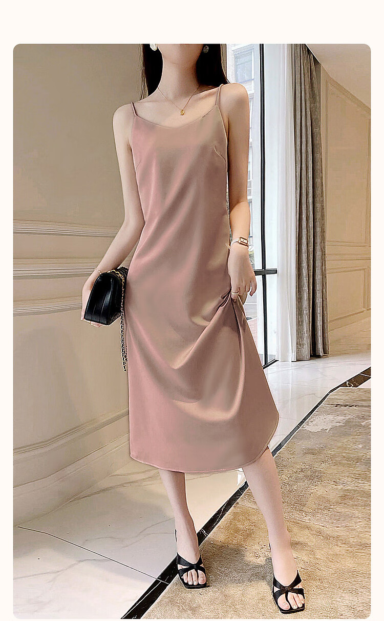 Dme [Glossy Satin Spaghetti Strap Dress], Elegant X-Shaped Spaghetti Strap Midi Dress for Women, Spring And Summer 2