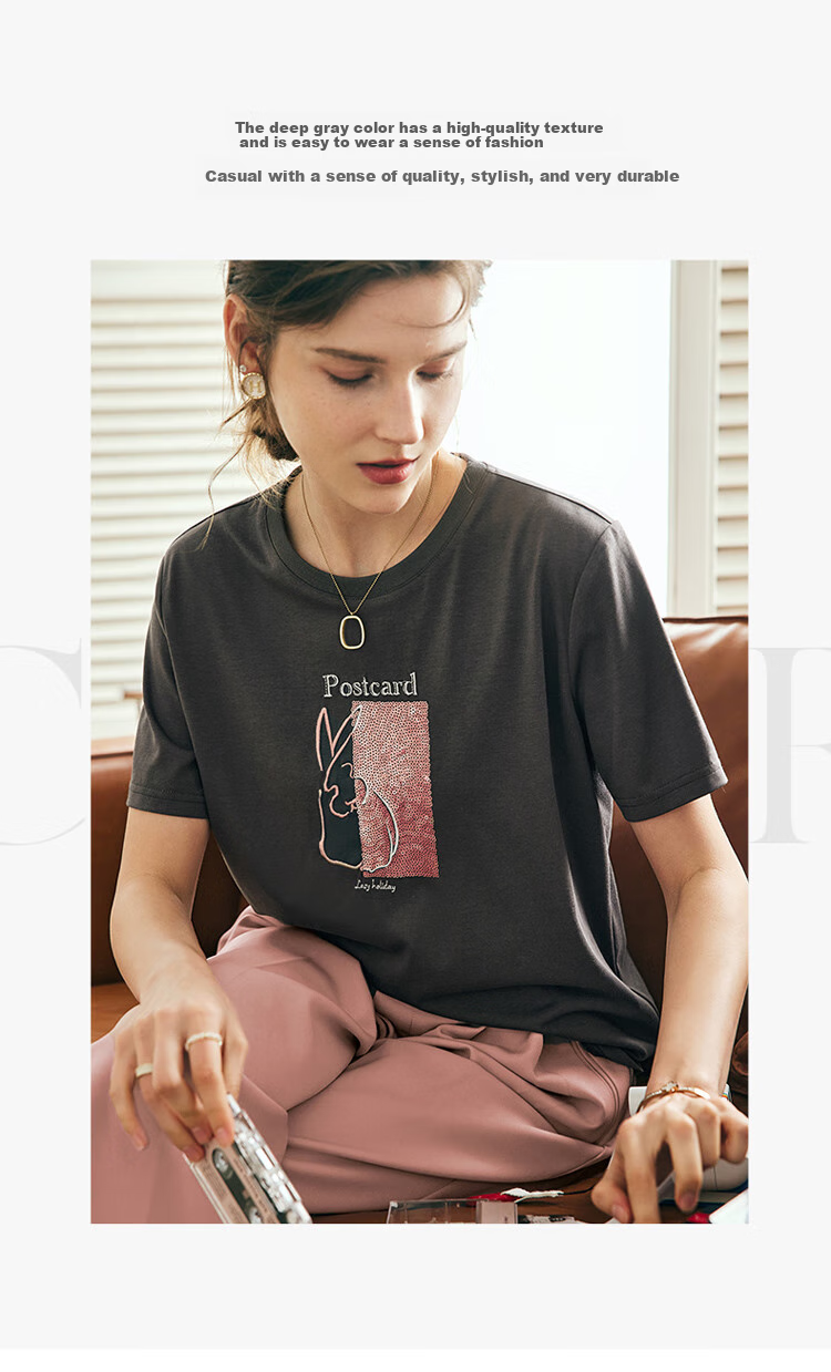 Olrain Women's Short Sleeve T-Shirt Summer New Loose Embroidered Crew Neck Top Dark Gray (New Batch) S 9