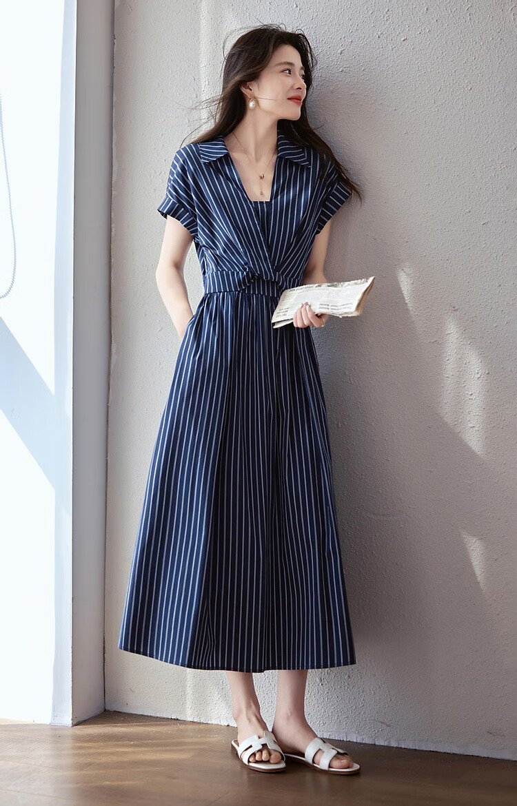 Dme [Perfect Workmate] Summer Cloud Cotton Lapel Twisted Waistband Side Hidden Slit Striped Vintage Women's Dress 5