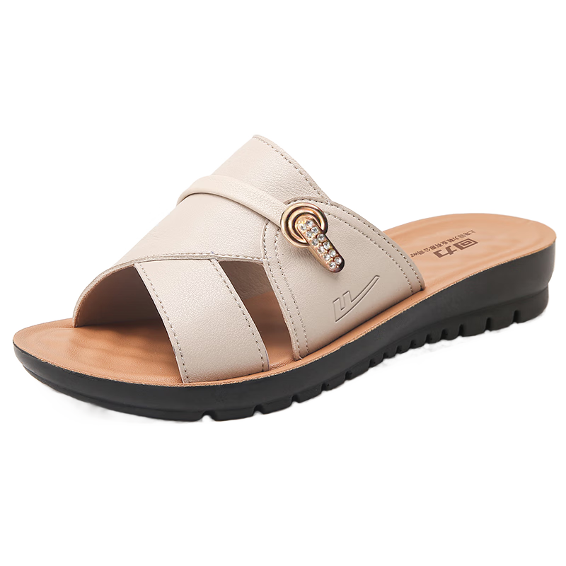 Huili Mom's Slippers, Middle-Aged And Elderly Women's Shoes, 2026 New Summer Style, Outdoor Wear, Soft Sole, Comfortable Sandals for The Elderly, 1206 Beige, Size 38