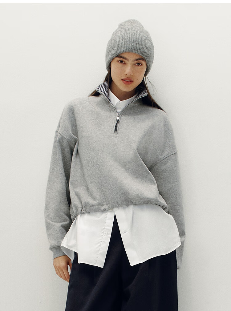 Semir Forest Soft Cotton Oversize Plaid Stand Collar Sweatshirt for Women 2025 Autumn Drawstring 101525116004 5