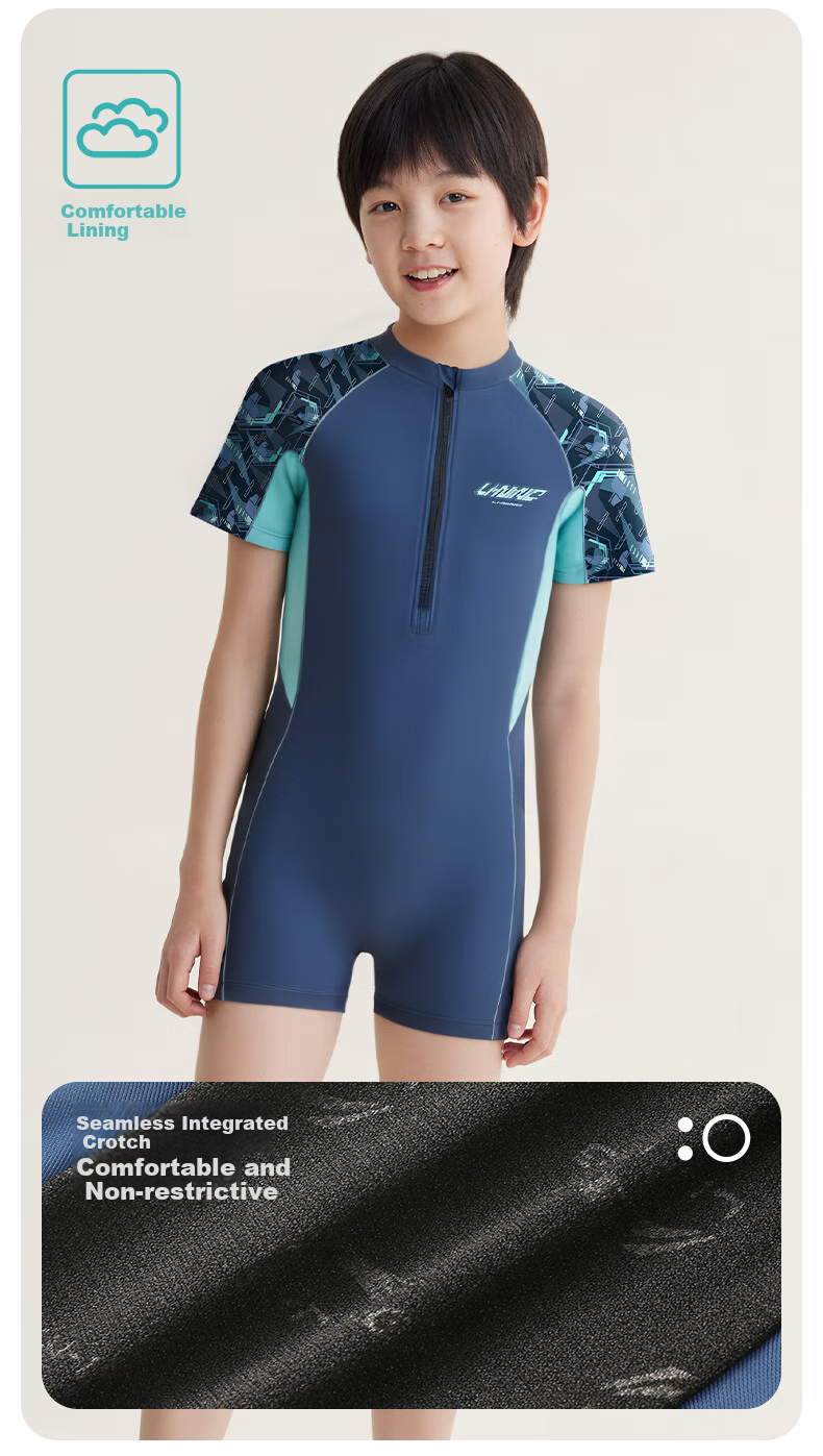 Li-Ning Youth Swimsuit, Boys' Comfortable Sports One-Piece Short-Sleeve Boxer Briefs, Professional Training Swimwear, 8512 Gray Blue, Size 160 7