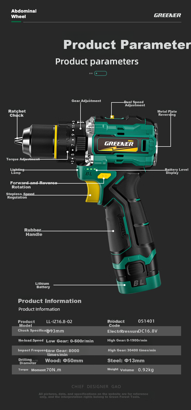 GREENER Dagaopao 16.8V Brushless Impact Drill Lithium Electric Screwdriver [Impact + Hammering] 70N.M One Battery 11