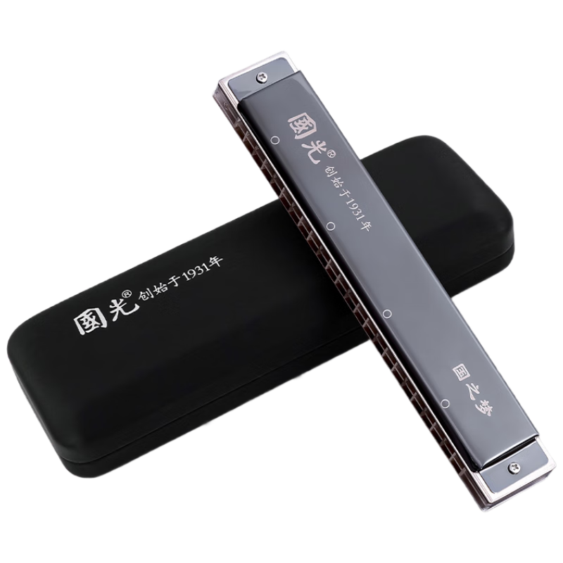 Guoguang 24-Hole National Dream Competition-Level Advanced C Key Polyphonic Harmonica Athens Black (Transparent Reed Plates, with Teaching Materials)