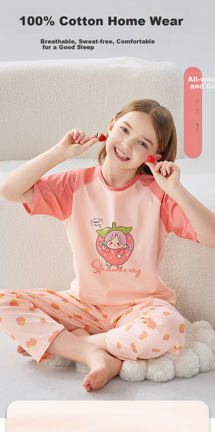 MiiOW Children's Pajamas [100% Cotton], Girls' Summer Thin Round Neck Pajamas, Baby Girl Wearable Loungewear Set 1