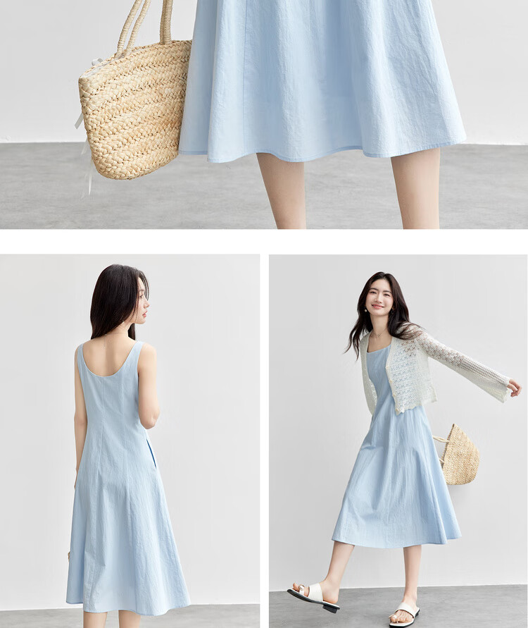 Shangdu Bila 100% Cotton A-Line Dress Women Summer Slim Waist Spaghetti Strap Square Neck Casual Mid-Length Dress 18