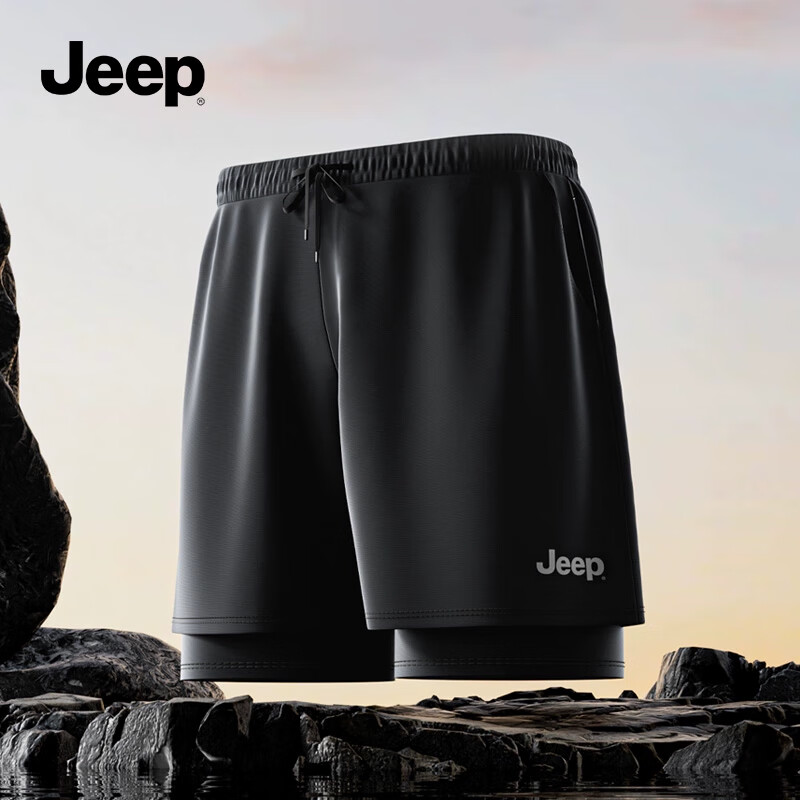 Jeep Men's Swimming Trunks, Double-Layer Fitness Shorts, Sun Protection, Quick-Drying, Hot Spring, Outdoor Beach Swimming Gear, Classic Black, M Size