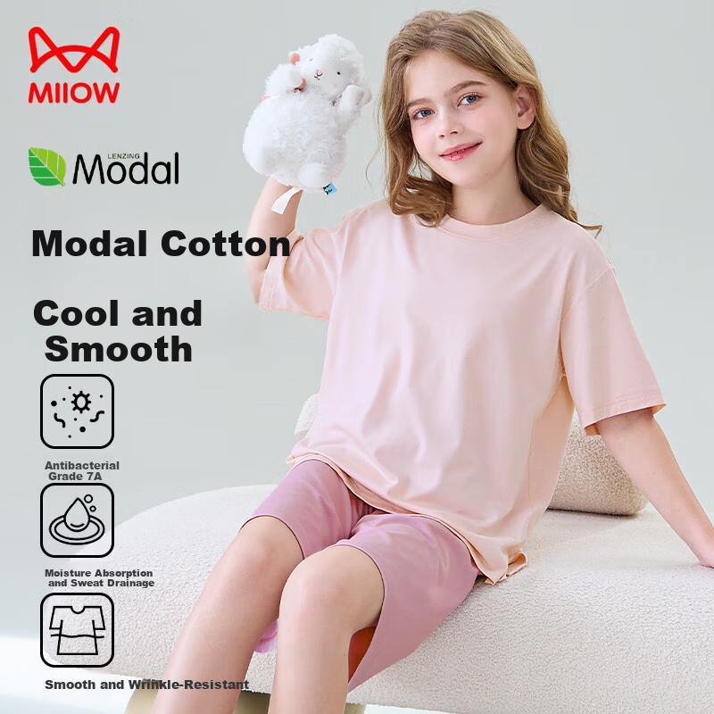 MiiOW Modal Children's Pajamas Loungewear for Boys And Girls Summer Sleepwear Pink Purple 150cm