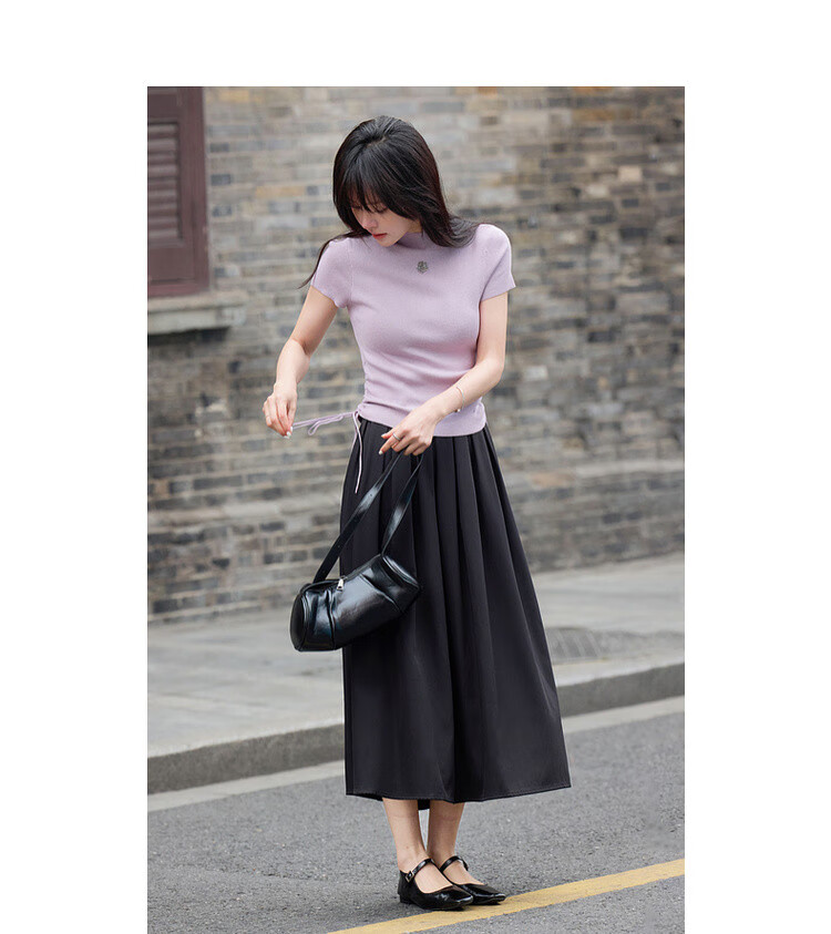 Mt [Drawn Double C Waist] Spring And Autumn Semi-High Round Neck Side Seam Drawstring Sweater Rose Metal Knit Sweater Women's Top 2