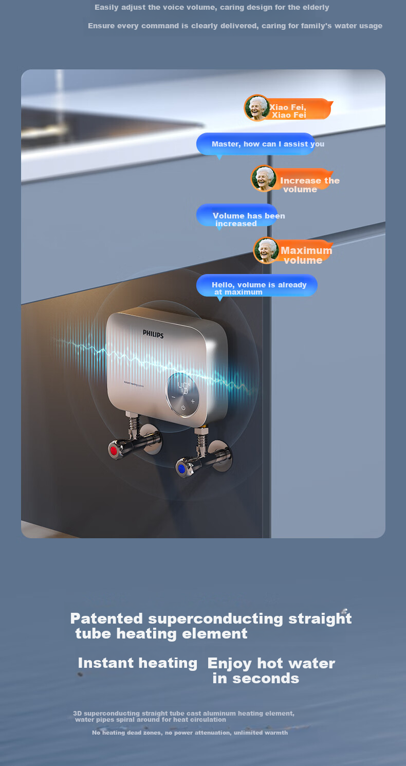 PHILIPS Instant Hot Water Dispenser, Smart Voice Control, 5500W Stepless Frequency Conversion, Unlimited Water Capacity Kitchen Hot Water Dispenser, No Storage Required AWH2302 5