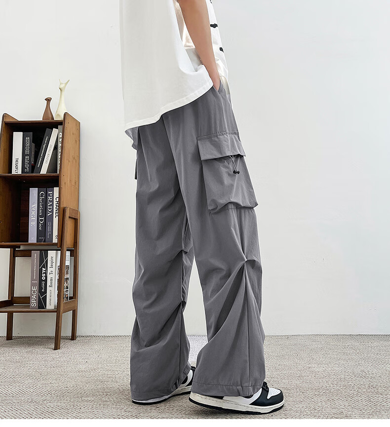 Homlean American-Style Wide-Leg Cargo Pants for Men, Summer Straight Loose Paratrooper Functional Tactical Casual Trousers KMX06 Black L 12
