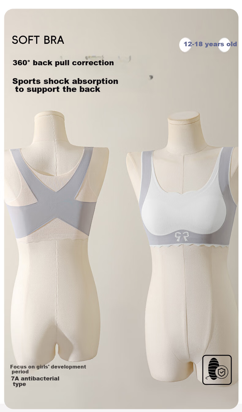 GRACEWELL Student Sports Bra, Lift-Up Vest-Style, Shock-Absorbing, Seamless, Mulberry Silk, Developmental Bra for Young Girls, Sky Blue, 2XL 2