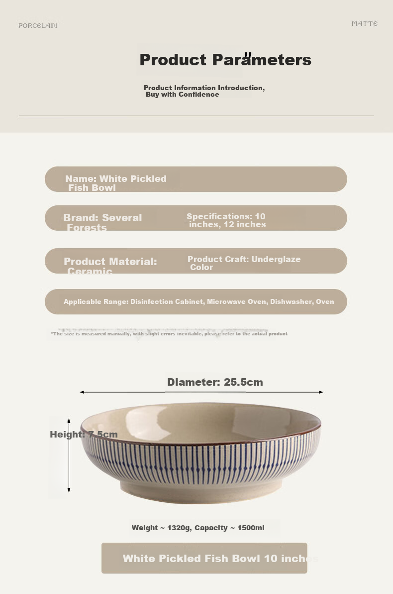 JIWUSENLIN Ceramic Bowl Large Serving Bowl for Sauerkraut Fish, Boiled Fish, And Home-Style Blood Stew, Restaurant-Style Bowl, 12 Inches 8