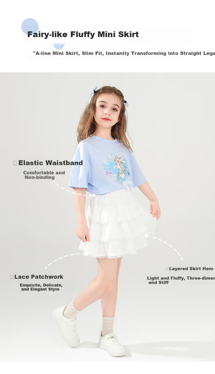 Disney Girls' Summer Dress, Playful A-Line Skirt, Lace Patchwork Midi Skirt for Older Children, White, Size 120 3
