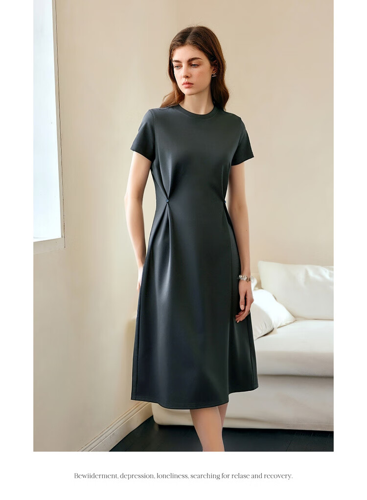 Olrain Eurielle Short Sleeve Dress Women Summer French Style Waist Slim Knitted Long Dress Dark Gray XL 23