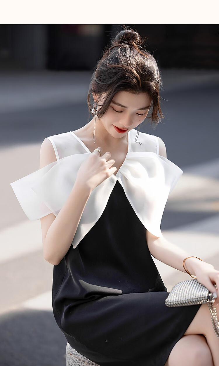 Dme [Xian Gan Shang Fen] Summer Princess Bow Tie See-Through Spliced V-Neck Draping 80D Linen Women's Dress 7