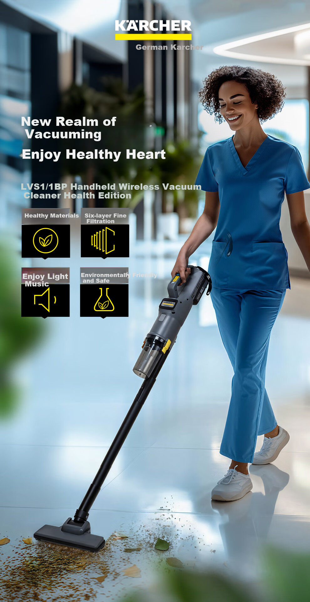 KARCHER German Cordless Vacuum Cleaner, Lithium Battery Handheld for Home And Commercial Use, Upright Design with Strong Suction Power, Suitable for Carpets, Pet Hair, Hotels, Office Buildings, And Cleaning Services, LVS1/1 BP 1