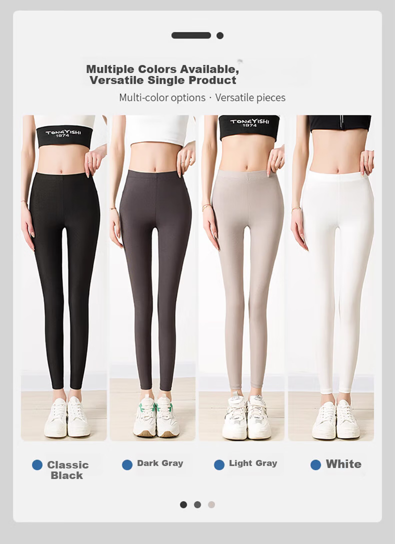 LangSha Ice Silk Leggings for Women, Summer Thin Style, Elastic High-Waisted Slim-Fit Tights, Black Nine-Point Pants 8