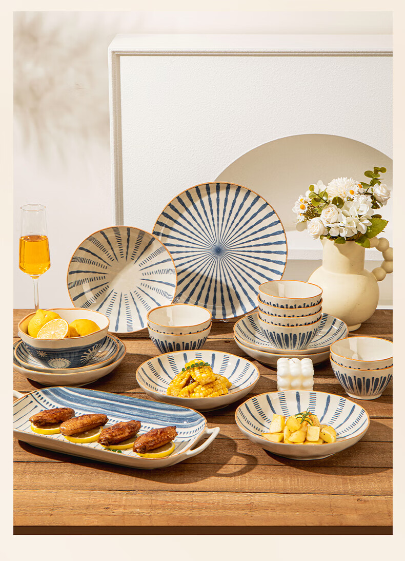 TREEJACK Japanese Style Underglaze Color Ceramic Bowl and Plate Set Housewarming Gift Rice Bowl Plate Chopsticks Tableware 19
