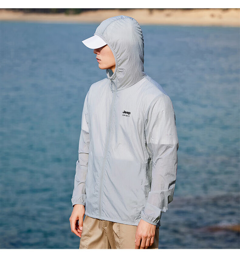 JEEP SPIRIT Sun Protection Jacket for Men, Summer Outerwear, UPF50+, Lightweight Skin Coat, Fishing Wear, Beach Clothing, Men's Jacket, Light Gray, Size L 11