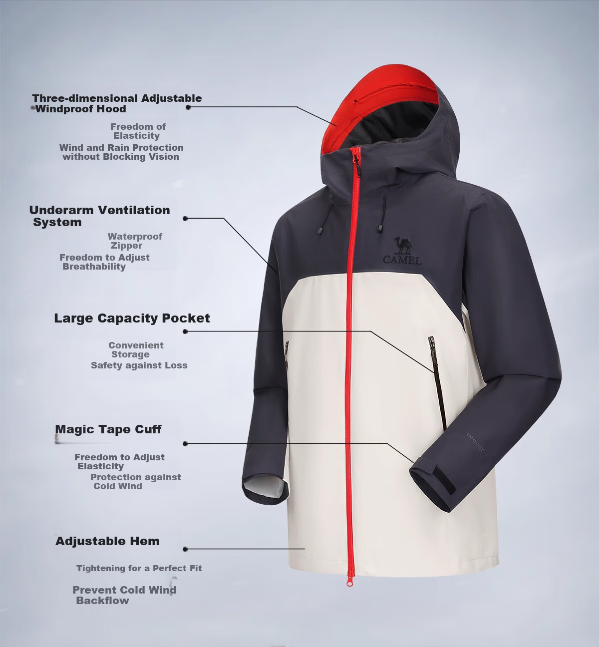 CAMEL Outdoor Hardshell Jacket for Men And Women, Unisex Style, Triple Protection Mountaineering Coat A34BA6B001 Ice Blue L 5
