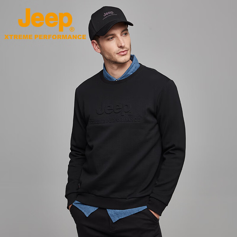 Jeep Men's Autumn Fleece-Lined Warm Long Sleeve Outdoor Loose Fit Crewneck Pullover Sweatshirt 4366
