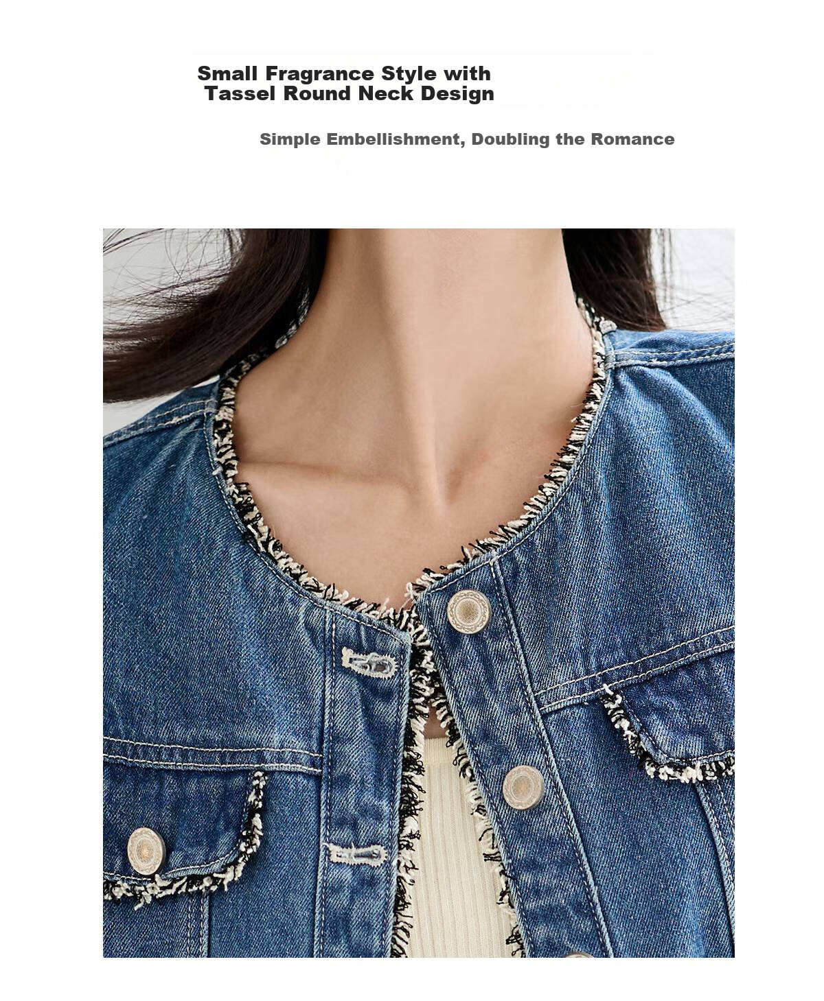 Chushen Retro-Style Denim Jacket for Women, Straight-Leg Frayed Edge Chanel-Inspired Short Coat S143U5003 5