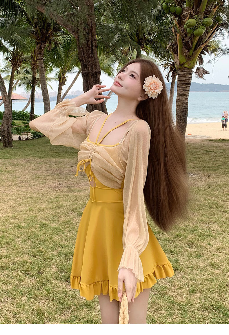 DK One-Piece Swimsuit Dress for Women, Conservative Style, New Hot Spring Design, Push-Up for Small Chest, Slimming Effect, Vacation Beach Wear, Elegant Look 13