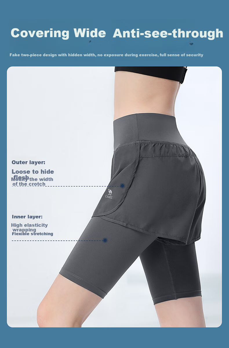 CAMEL Faux Two-Piece Quick-Dry Women's Sports Pants, Elastic Running Fitness Shorts, Y24BA4L0037M, Misty Gray, L 4