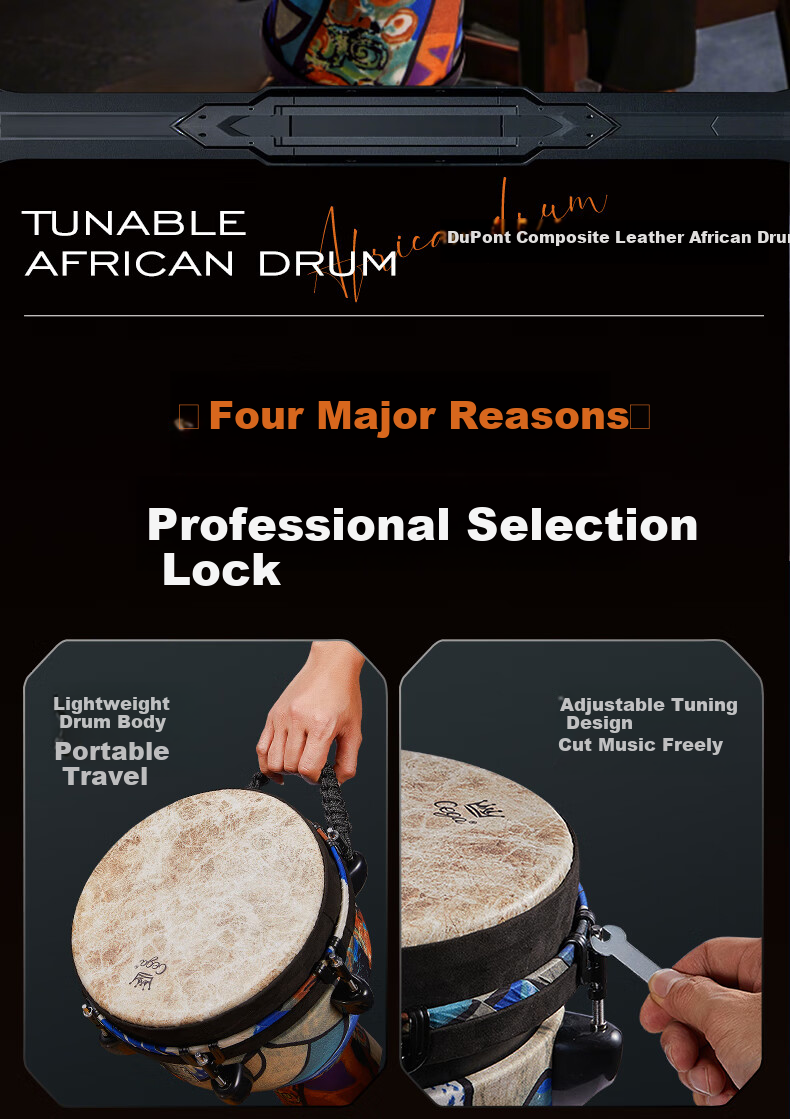 Qiangu African Drum, 10-Inch Professional Performance Adjustable Tuning Hand Drum, Percussion Instrument, Holiday Gift 8